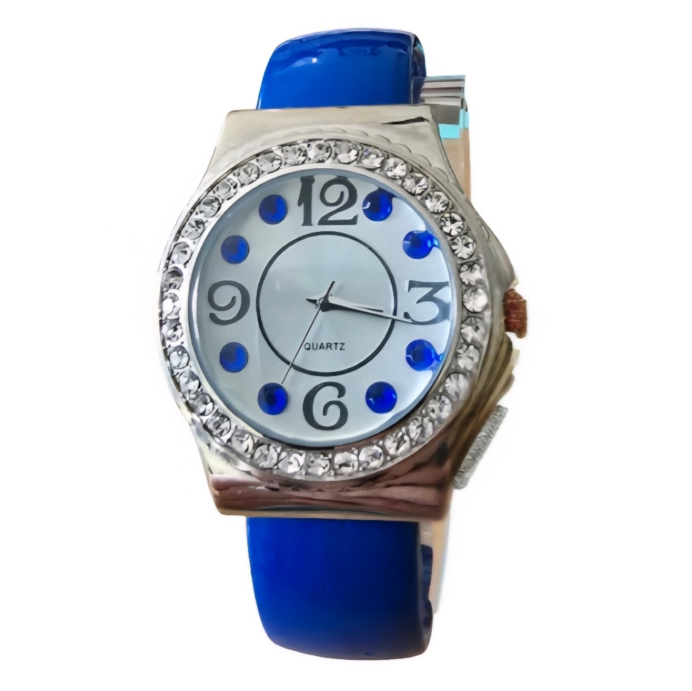 Accutime Rhinestone Ladies Silver Tone Blue Cuff Band Watch Working